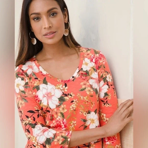 Chico’s Women’s Cotton-Blend Slub Floral-Print Tee Coral Size 1 (Medium) - Picture 8 of 9